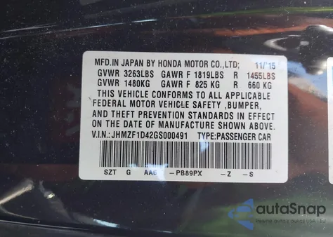 2016 Honda Cr-Z Lx from USA, damaged, VIN JHMZF1D42GS000491